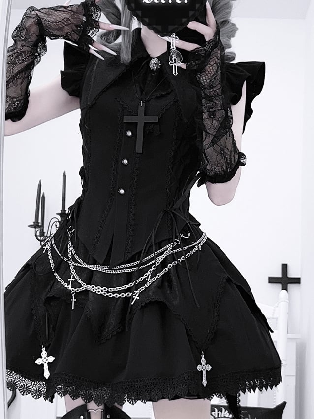 Pointed Flat Collar Flutter Sleeves Sleeveless Top with Cross Embellished Skirt Black Gothic Set