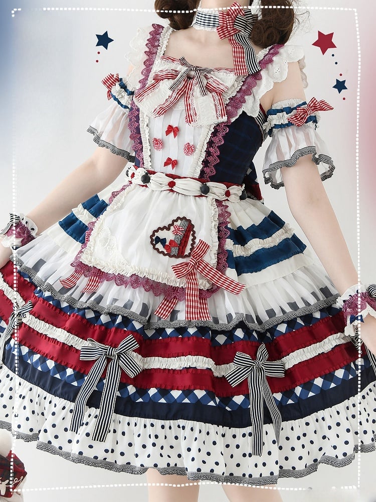Dark Blue and Red Blueberry Cake Bow Accents Tiered Skirt Sweet Lolita JSK Full Set