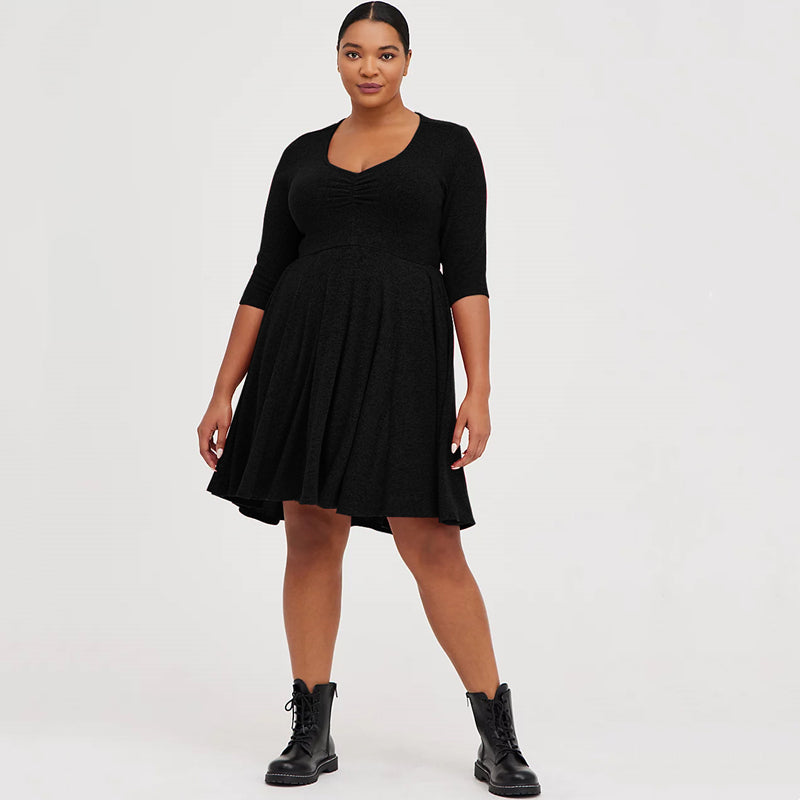 Autumn New Five-Quarter Sleeve Pleated V-Neck A-Line Skirt