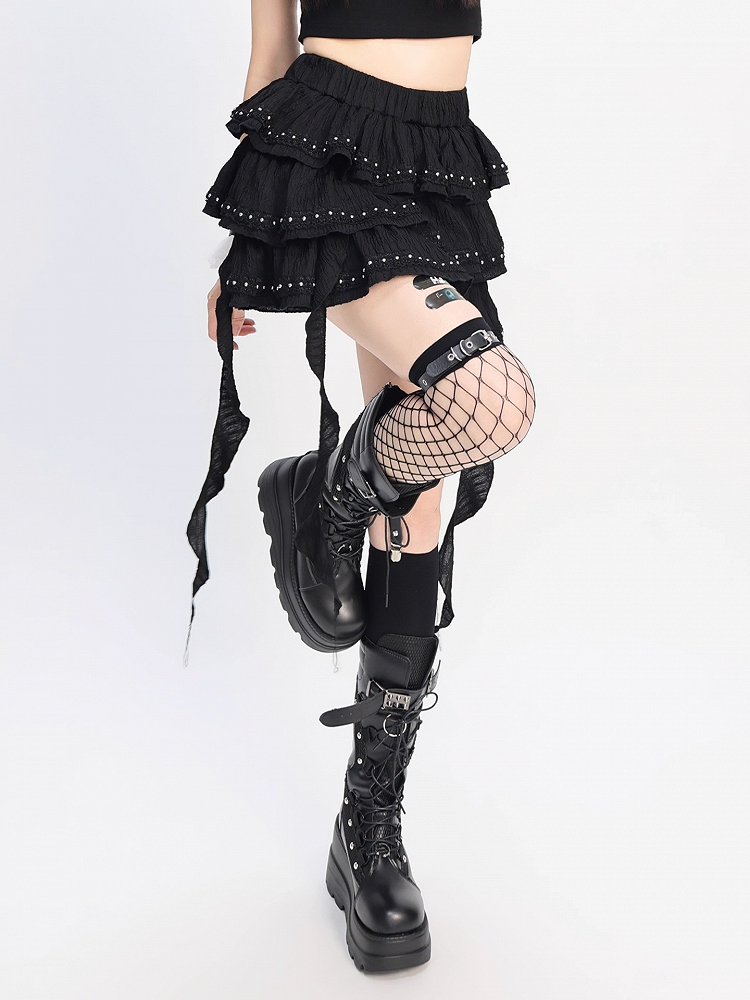 Black Cascading Ruffles Stud Details Balletcore Tiered Skirt