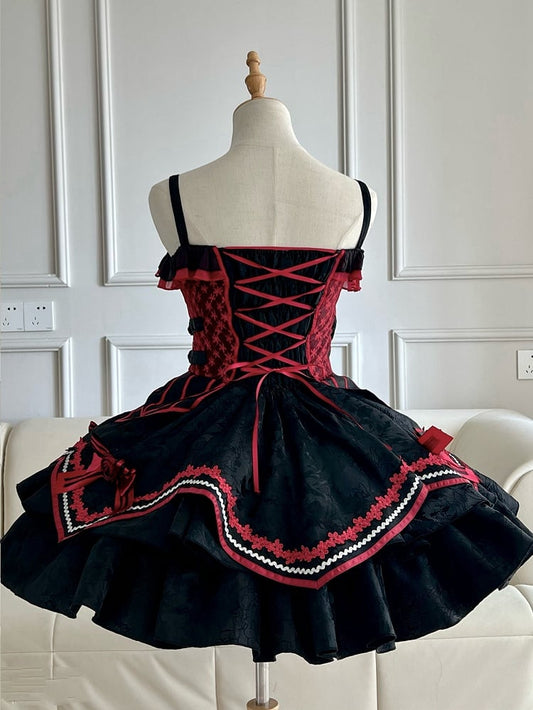 Black and Red Bat and Cross Embroidery Gothic Lolita JSK Zip Front and Buckle Side