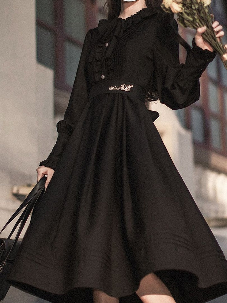 Black Bishop Sleeves Vintage Dress Ruffle Neckline