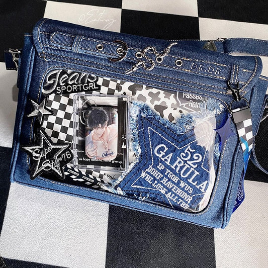 Buttons Decorated Dark Blue Denim Ita Bag