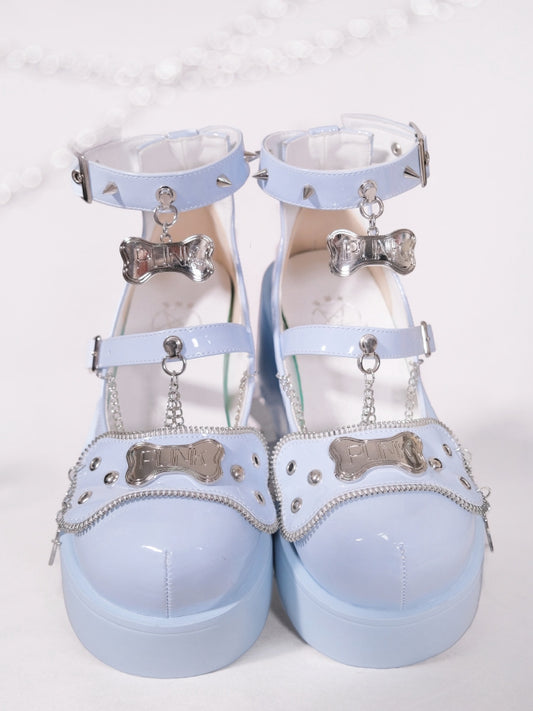 Metal Bones Decorated Blue Platforms Punk Shoes Studs Chain Design
