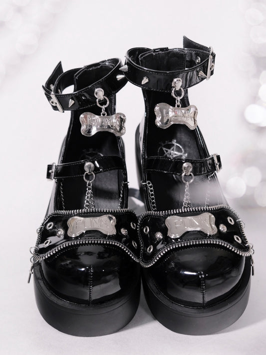 Metal Bones Decorated Black Platforms Punk Shoes Studs Chain Design