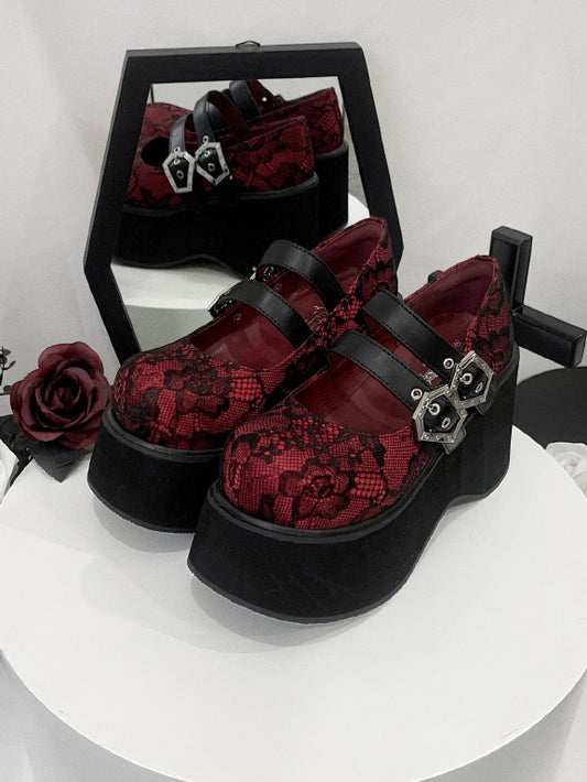 Buckle Straps Platforms Red Lace Round Toe Punk Shoes