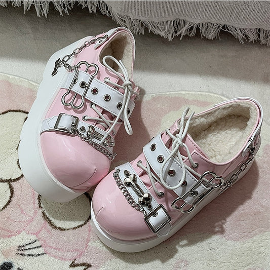 Jirai Kei Pink Y2K Bone Design Buckle Strap Platform Shoes