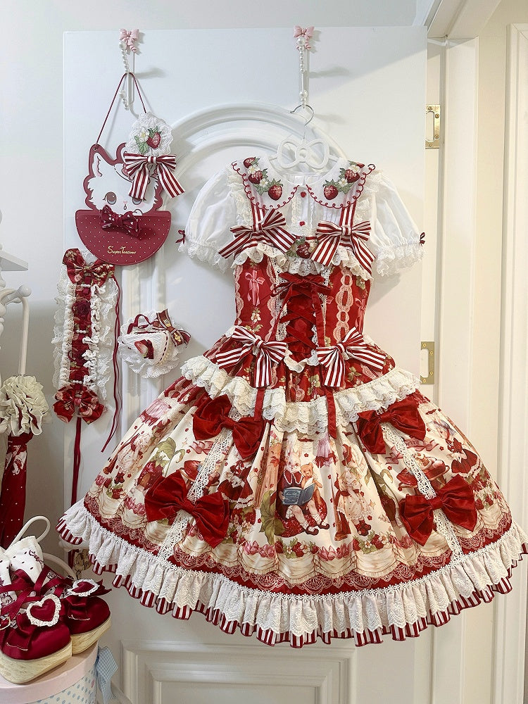 Clearance-Size M for Bust 94CM Red Strawberry Embroidery Collar White Short Sleeves Blouse