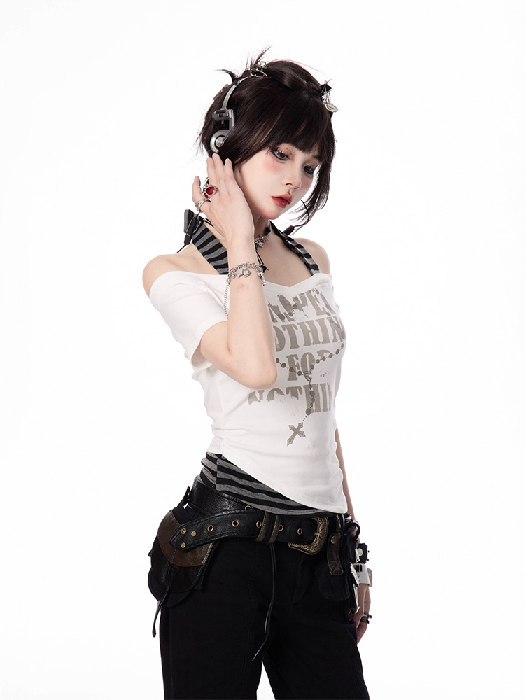 Y2K Cross Necklace Print White and Gray Striped Halter Neck T-shirt