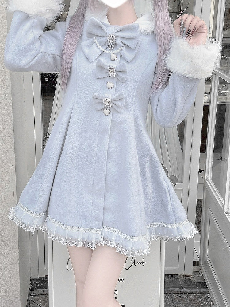 Jirai Kei Light Blue A-Line Waisted Coat with Detachable Bunny Ears Hood & Bowknots