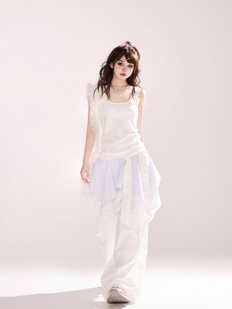 White Low Waist Handkerchief Hem Wide-leg Pants Faux Two-pieces