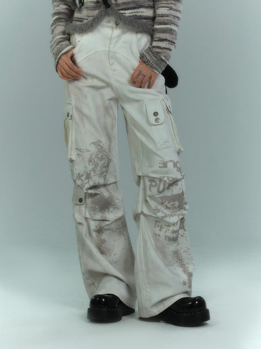 Punk White Distressed Streetwear Wide Leg Cargo Jeans