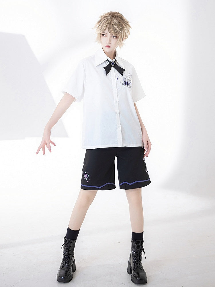 White Summer Ouji Fashion Tea Cup Embroidery Pocket Shirt