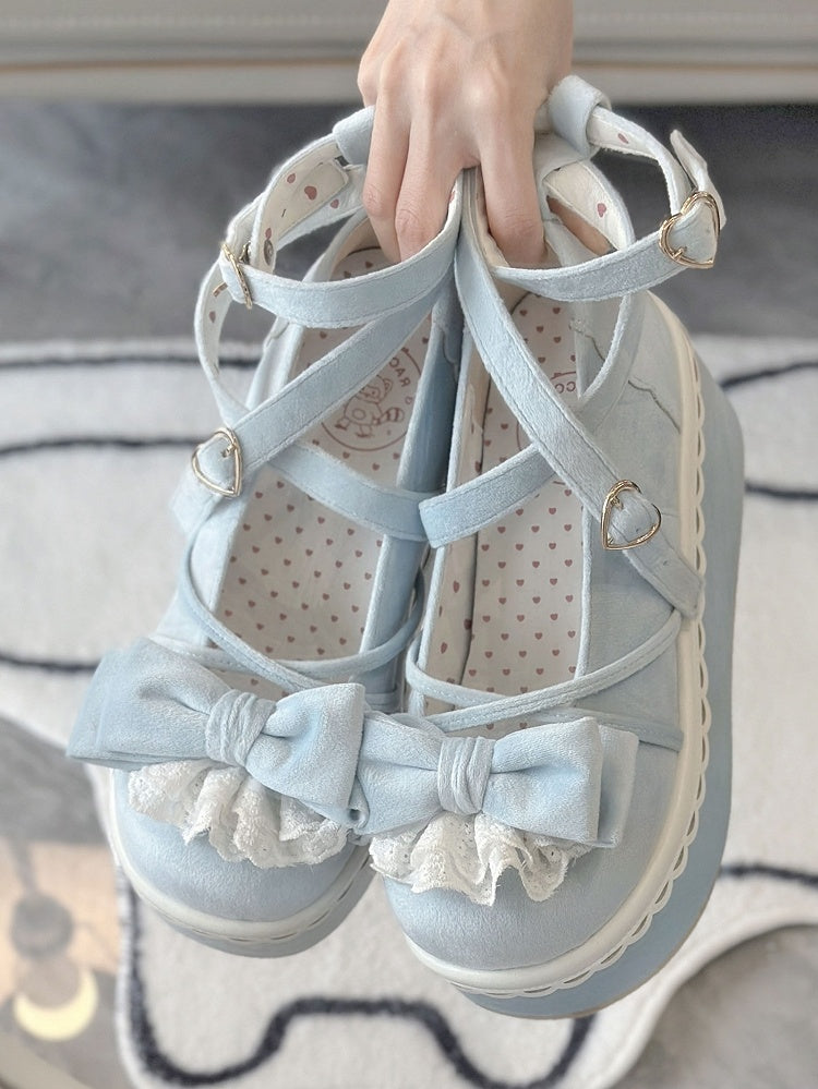 Velvet Blue Sweet Lolita Platform Mary Janes - Lace-Trimmed Bow, Heart Buckle & Crisscross Straps