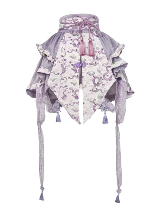 Purple Corset Belt Waist Irregular Layered Skirt Chinoiserie Knot Button and Tassels