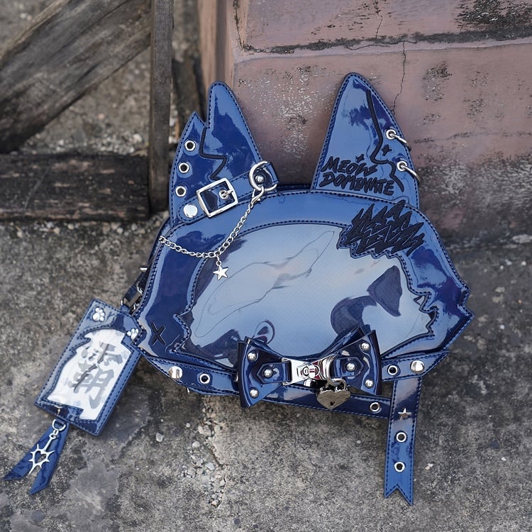 Kitty Ear Design Bowknot Studs Detail Dark Blue PU Tote Bag Ita Bag with Free Card Holder