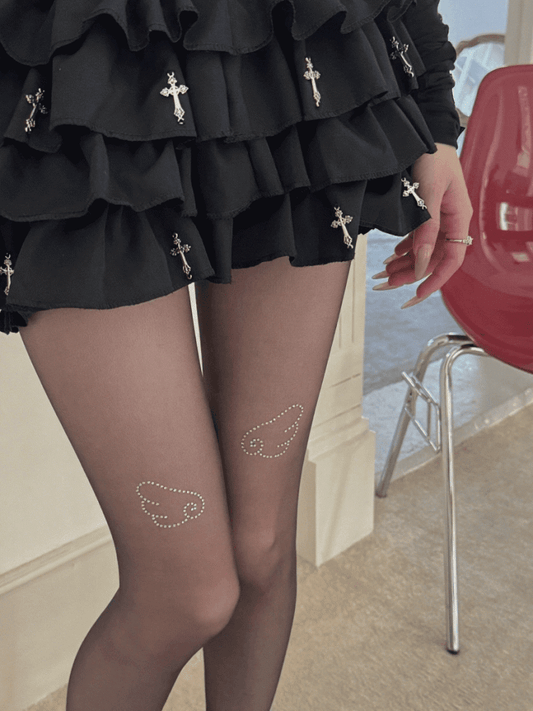 White/Black Shimmering Wings Pattern Semi-Sheer Tights