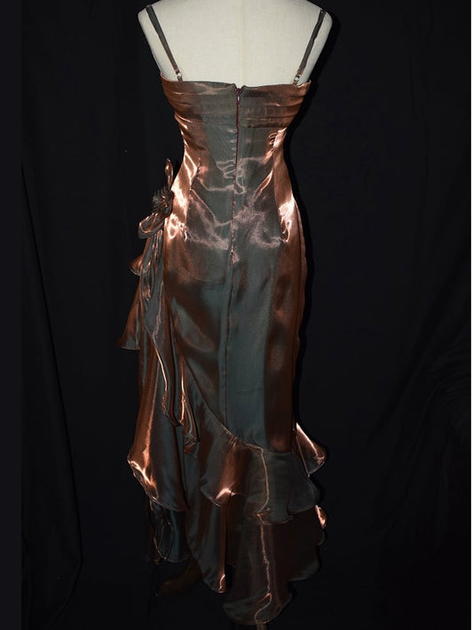 Khaki Vintage Floral Dress Asymmetrical Hem Prom Gown