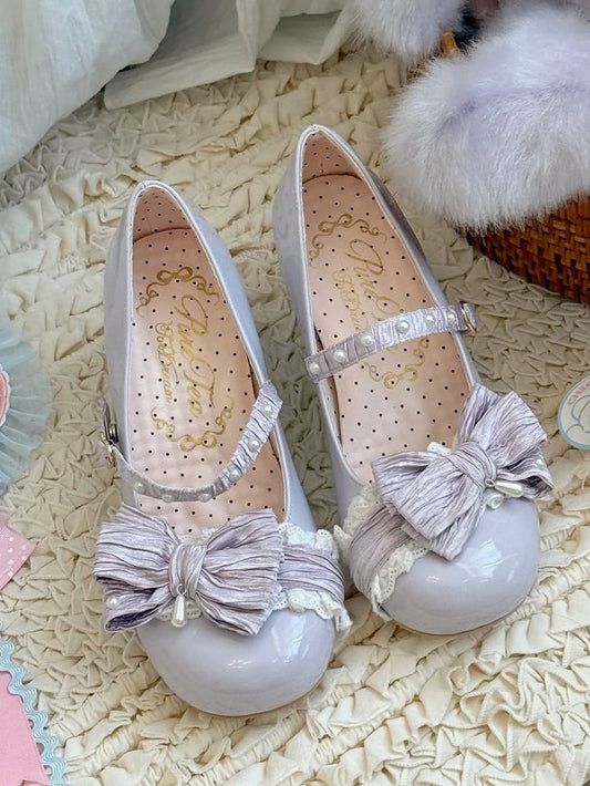 Purple Beaded Decorated Bow at Top 2.5CM/5CM Block Heels Round Toe Shoes