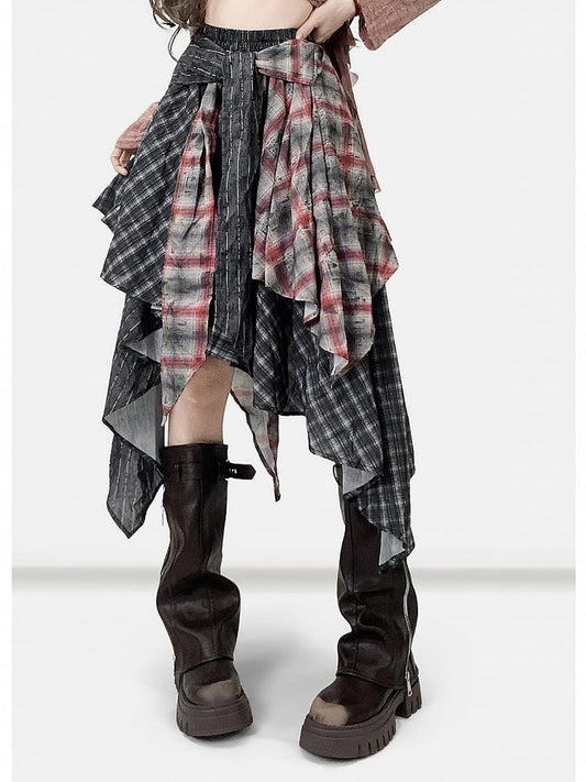 Dark Gray Plaid Pattern Handkerchief Hem Skirt