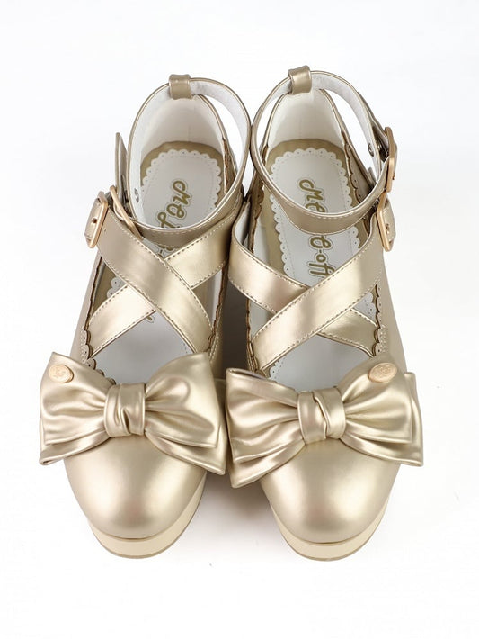 Wooden Look Platform & Bow at Top PU Golden Platform Mary Jane Shoes in Sweet Lolita