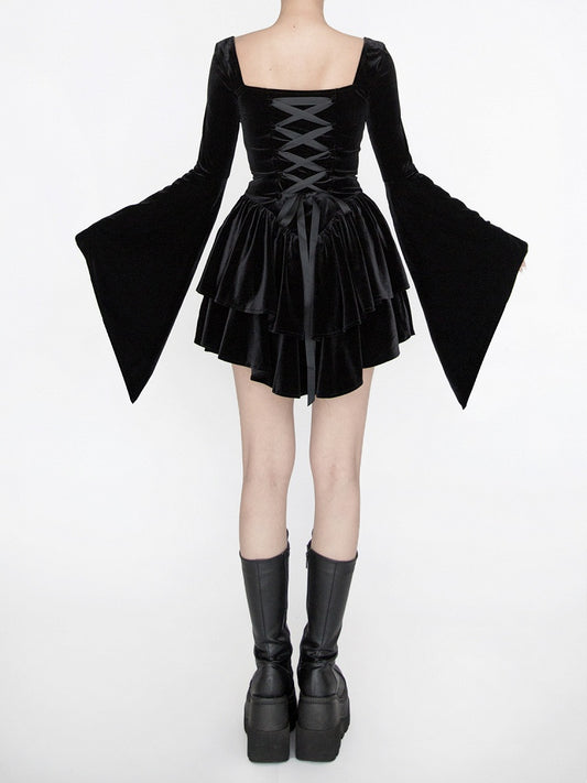 Gothic Black Velvet Bell Sleeves Tiered Skirt Witch Dress