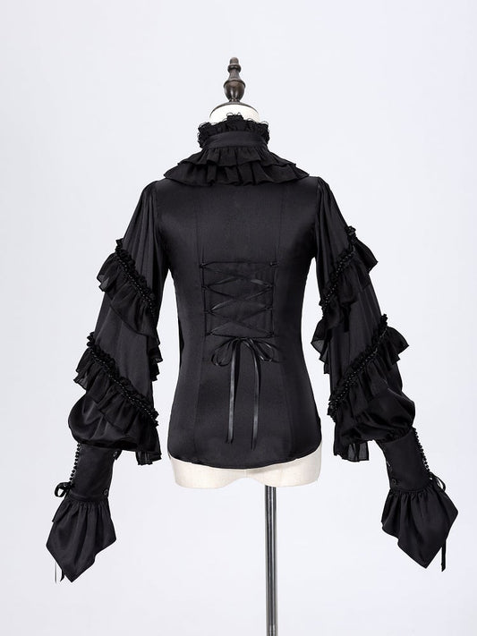 Ruffled High Neck Black Bead Chain and Cascading Ruffles Long Sleeves Siren Shirt