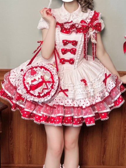 White and Red Strawberry Cake Embroidery Round Bag