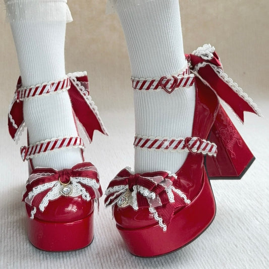 Dazzling Crystal Bow & Striped Pattern Straps PU Leather Red Platform High Block Heel Mary Janes in Elegant Lolita
