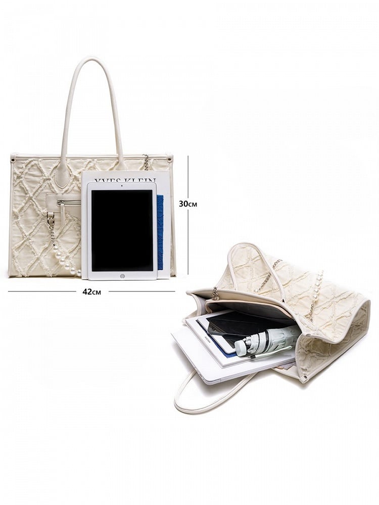 Elegant Blue Quilted Tote Bag With Beaded Chain Accent -Spacious Design