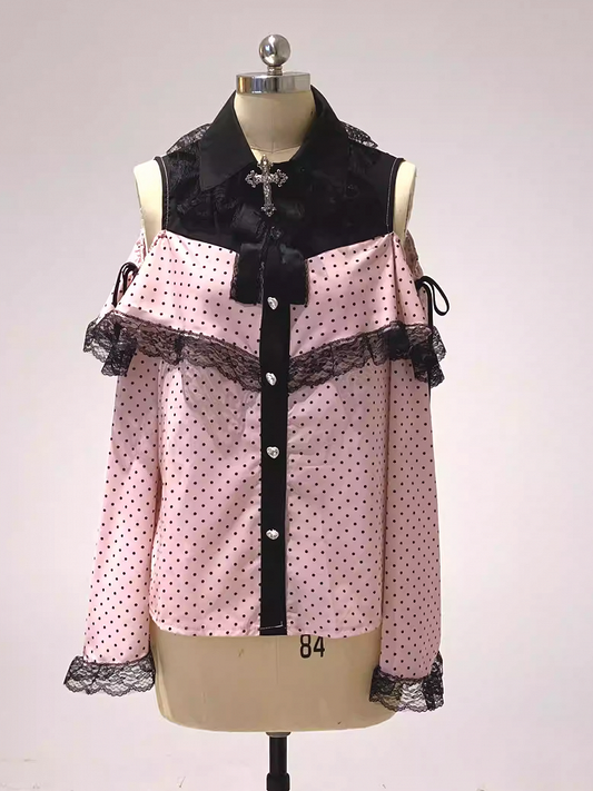 Jirai Kei White / Pink Polka-dot Blouse | Bell Sleeves, Cut-Out Shoulder with Drawstring & Heart Buttons