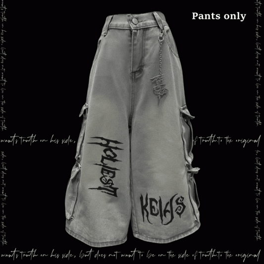 Light Blue Punk Rock Wide-leg Cargo Jeans with Free Charm