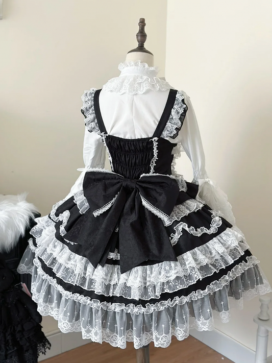 White Lace Trims Black Bows Decorated Hanayome Dress Lolita Jumper Skirt