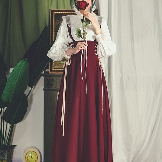 Wine Red Vintage Long Skirt with Side Lace-up and Shoulder Straps