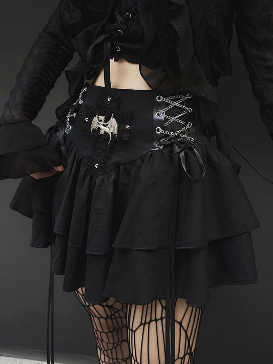 Punk Dragon Adorned Black Tiered Skirt Criss-cross Chain Design