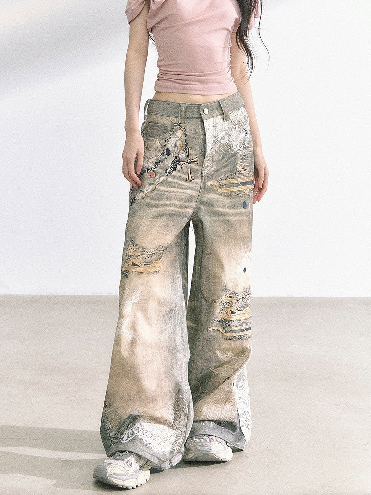 Lace and Distressed Holes Print Blue Faded Wash Distressed Wide-leg Jeans