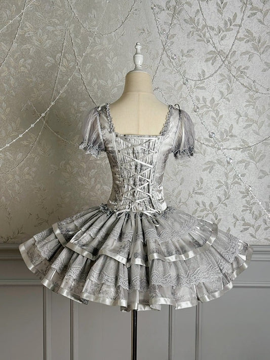 Bunny and Kitty Print Silver Gray Short Puff Sleeves Lolita Corset Dress