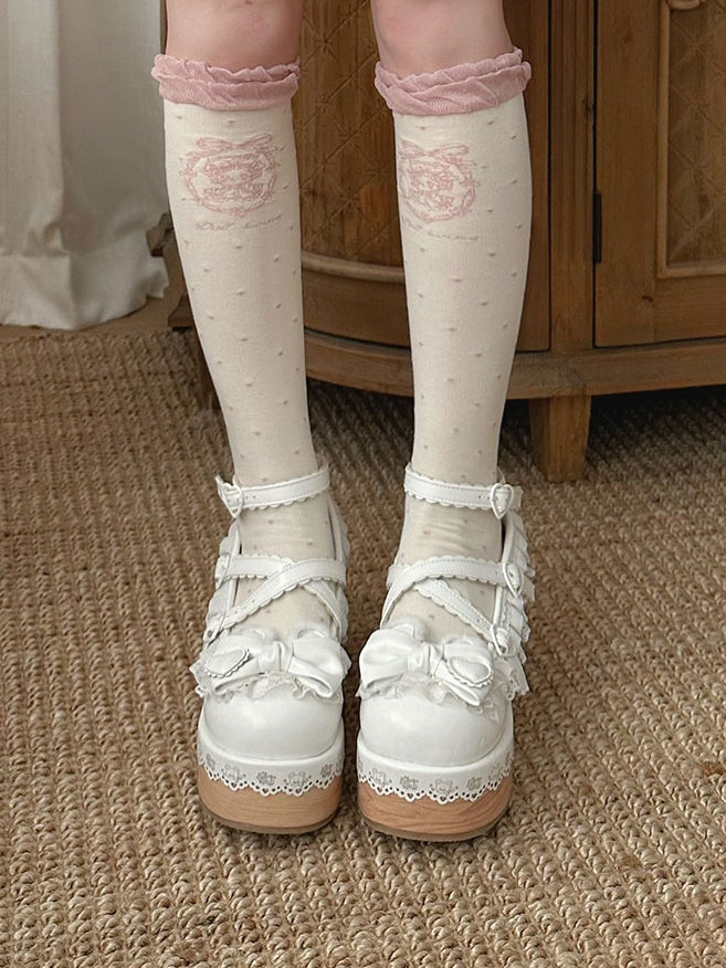 White Crisscross Design Bunny Ear Bow at Top Lace Trim Platforms