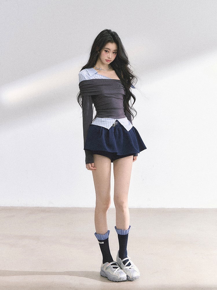 Gray and Blue Stripes Asymmetrical Neckline Faux Two-pieces Top