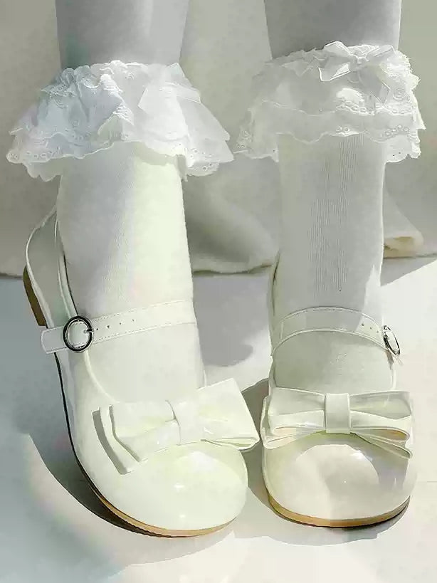 Sweet White Mary Janes for Lolita - Round Toe with Ring Clasp & Decorative Bow