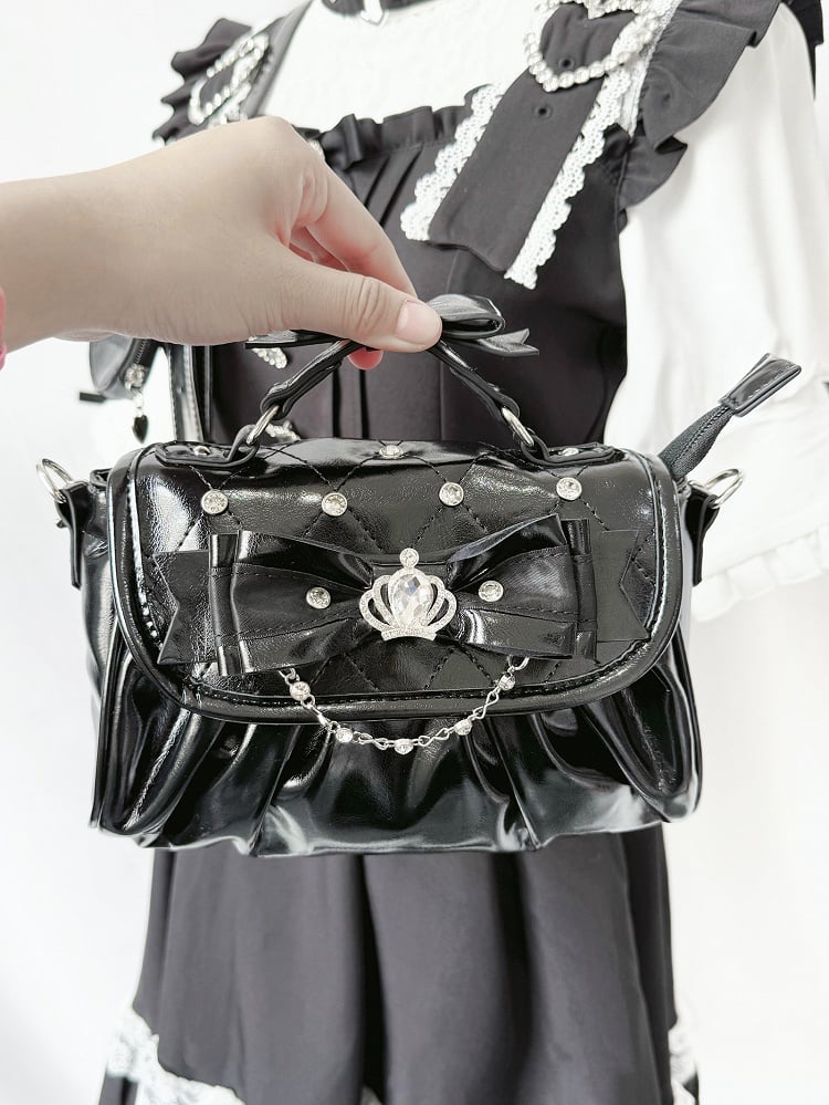 Black Jirai Kei Crossbody Bag - Interchangeable Rhinestone Strap & Crown Bow with Heart Bag