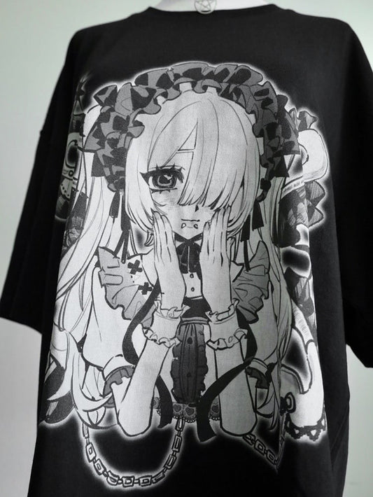 Black&White Jirai Kei Cartoon Girl Print Round Neck T-shirt