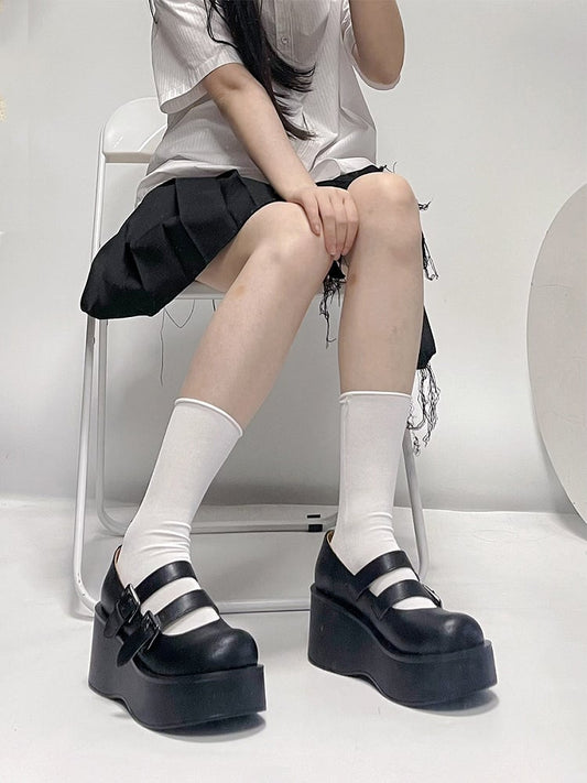 Black Buckle Straps Round Toe Platform Mary Janes