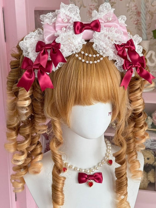 Pink/Pink&Red Beaded Charm Lace Trim Bowknot KC