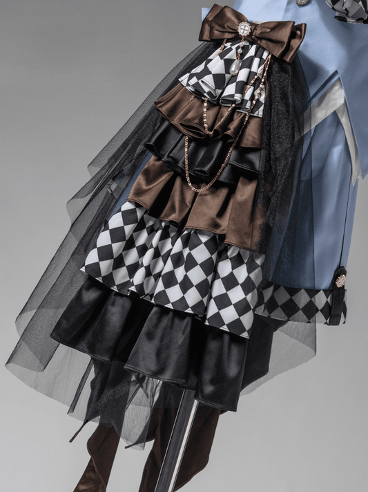 Ouji Lolita Dark Blue/Brown/Purple Checked Pattern Layered Bow Train Chains Decoration