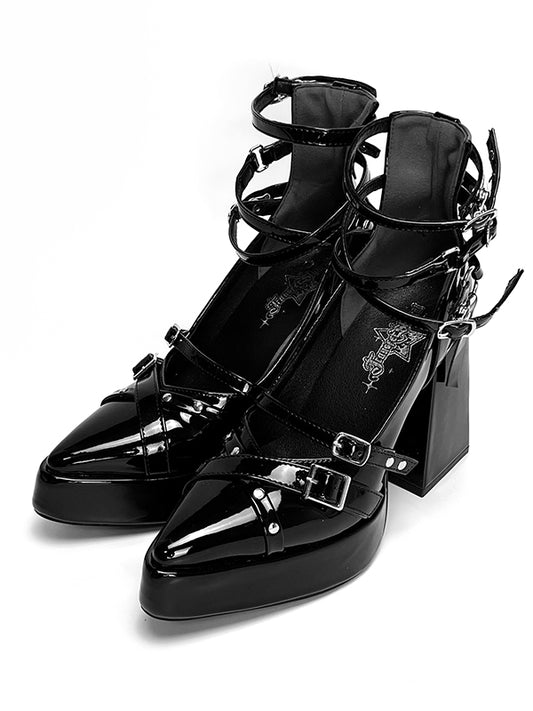 Crisscross Ankle Straps Polished Black Pointed Toe Gothic High Heels