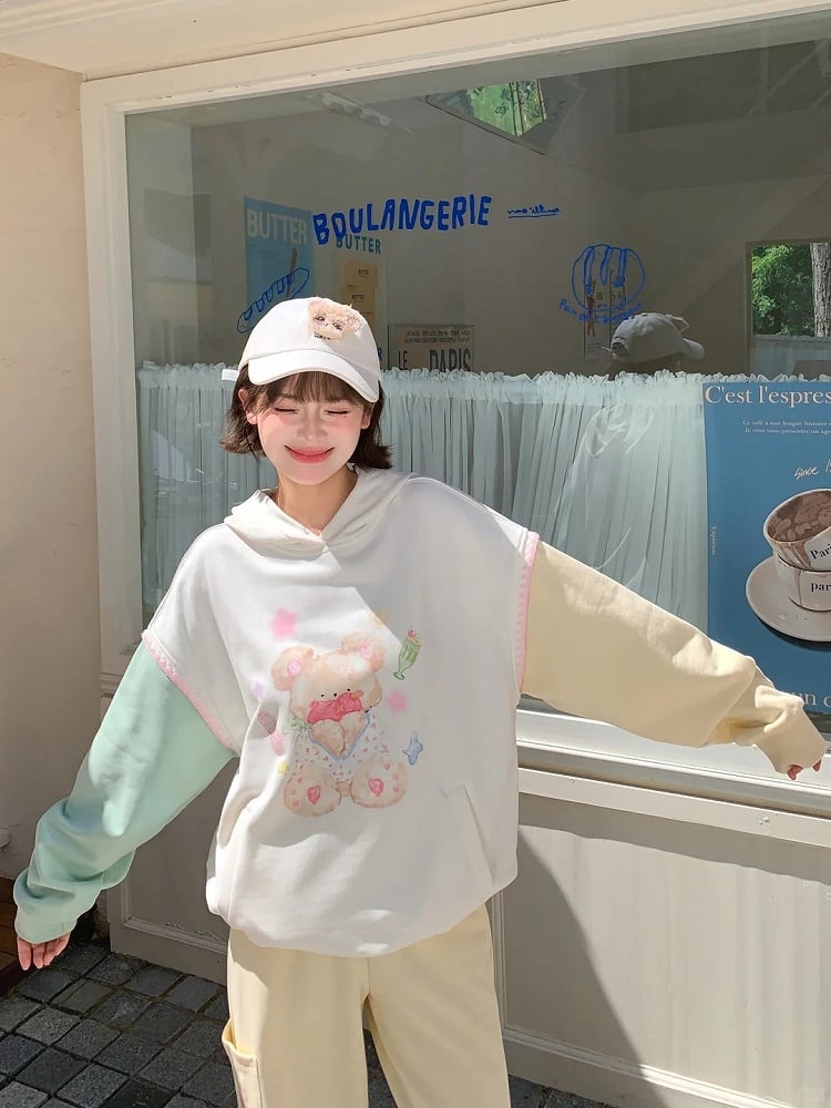 Green and Yellow Colorblock Design Teddy Bear Print Drawstring Hem Autumn Hoodie