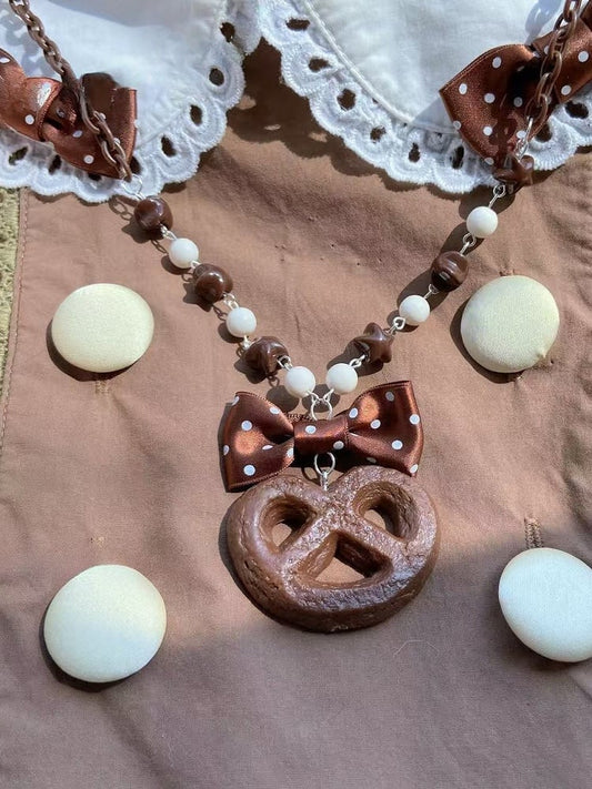 Pink/Brown Cookie And Bowknot Pendant Necklace