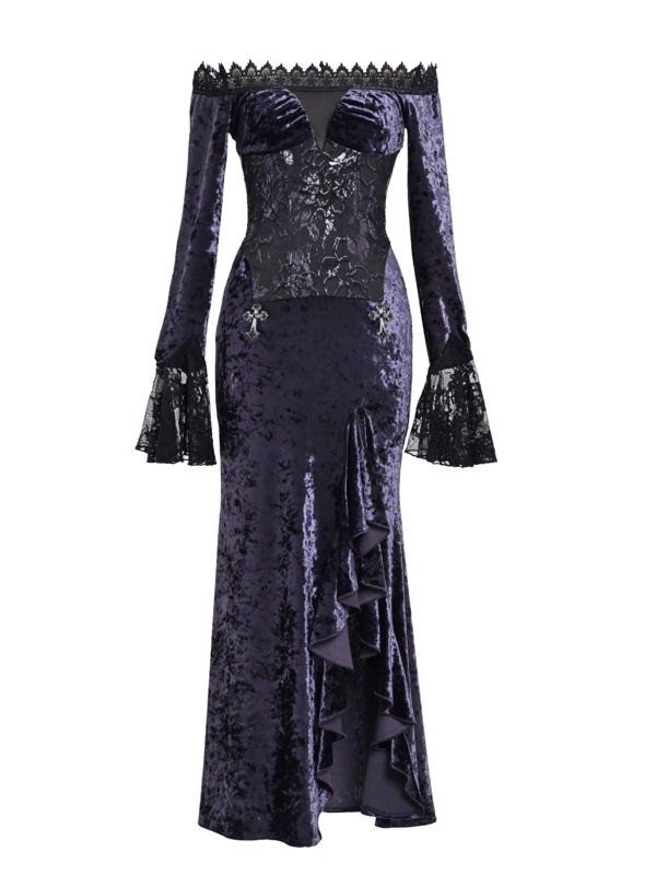 Gothic Purple Velvet High Slit Mermaid Dress