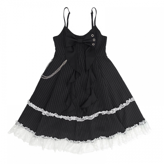 Big Bow Neckline Black Striped Cami Dress Bubble Skirt with Detachable Waist Chain